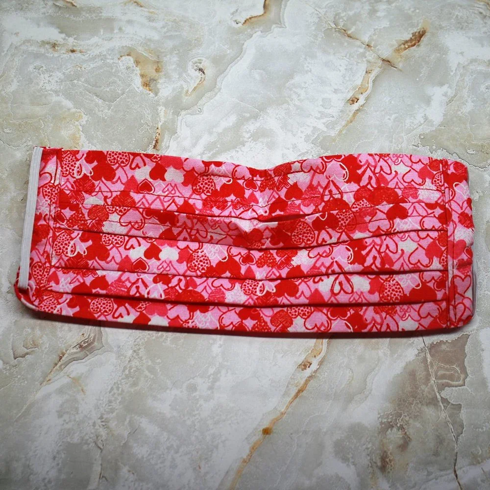 HAND CRAFTED Face Mask Hearts Pink Adult Cloth Fabric Print - Pocket Style